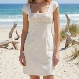 VINTAGE Laundry by Design | Linen & Cotton Lace Detail Shift Dress in White 6